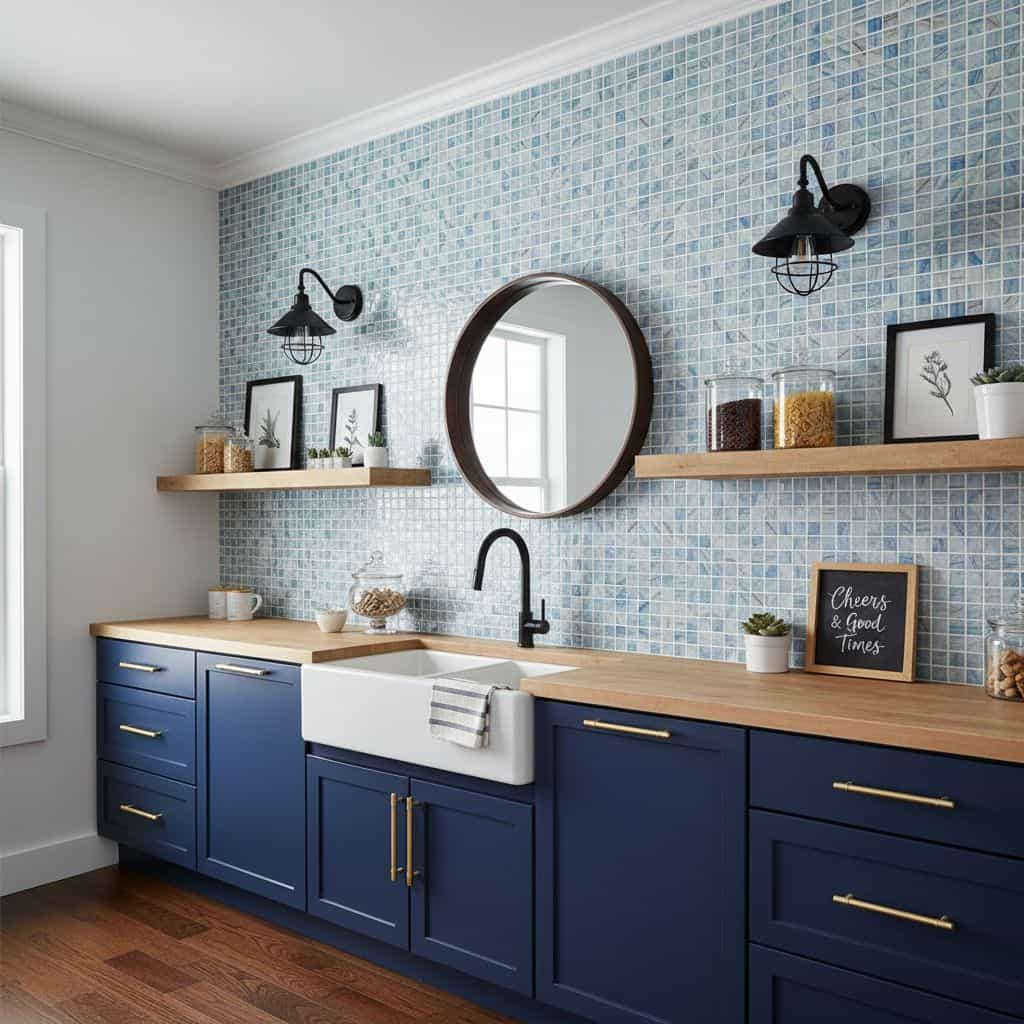 Bright kitchen featuring a glass tile backsplash, black fixtures, and decorative accents.