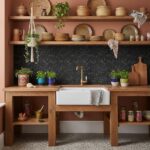 Cozy kitchen featuring a black peel and stick tile backsplash, wooden shelves, and various ceramic and plant decor accents.