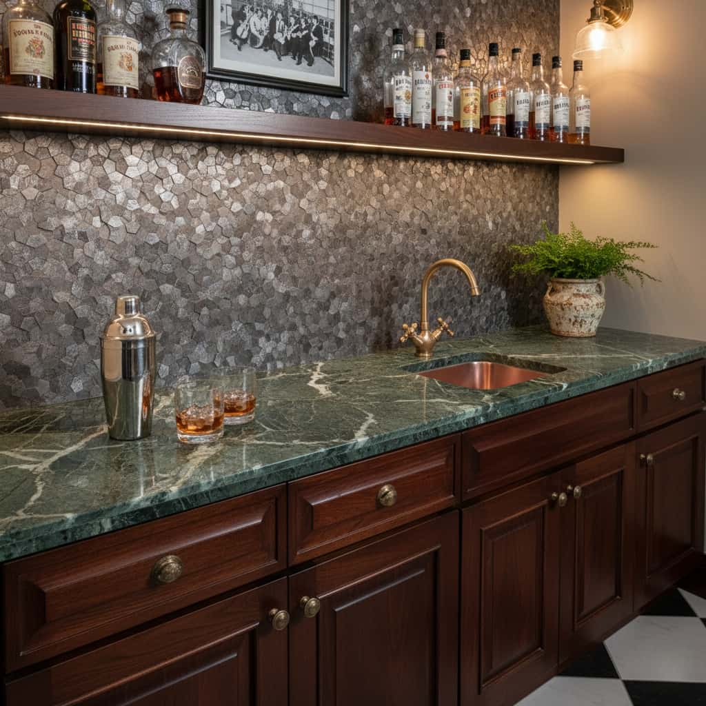 Stylish kitchen with peel and stick tile backsplash, green marble countertop, and wooden cabinets.