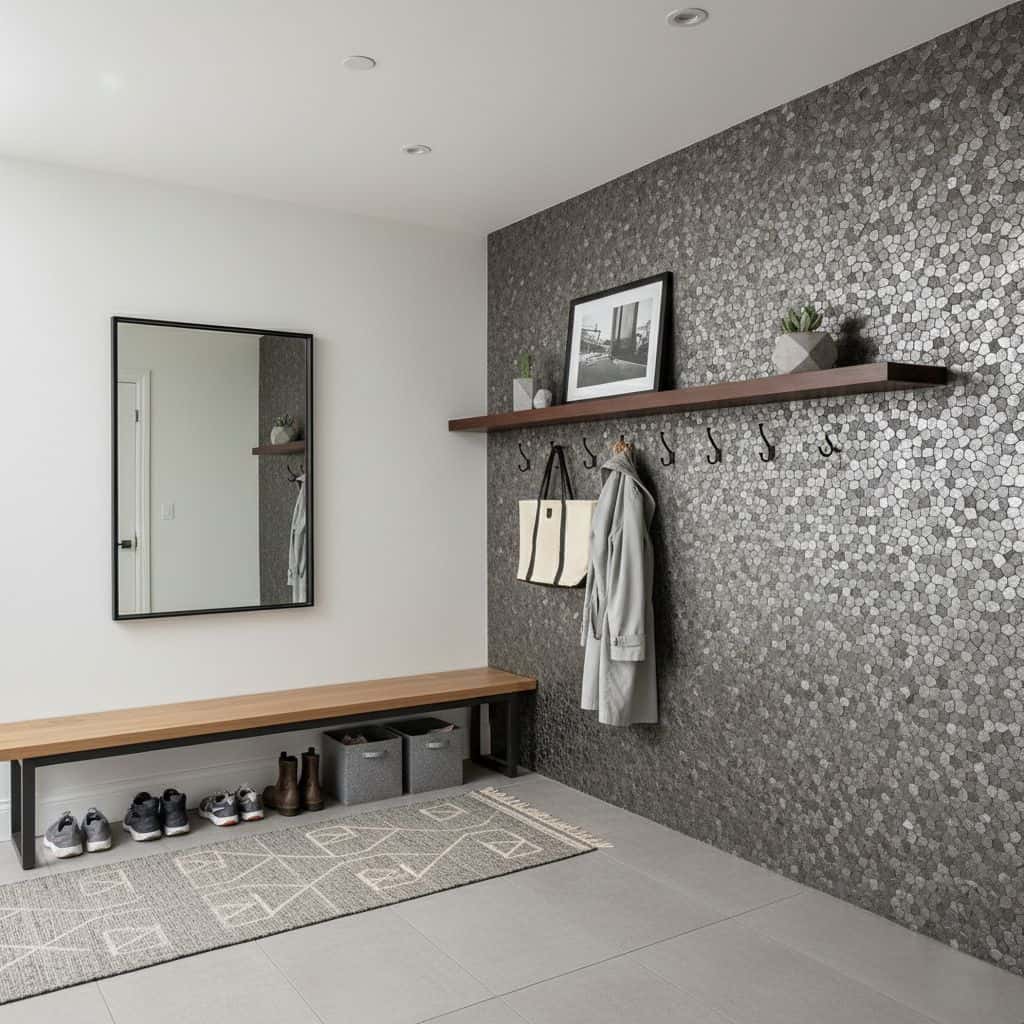Removable peel and stick tile backsplash on a textured wall, with hooks and a bench in a contemporary home entryway.
