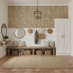 A cozy entryway with peel and stick wall tiles, mirrors, and storage baskets, showcasing easy DIY home decor and wall tile op.