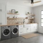 Modern laundry room with peel and stick tile backsplash, white cabinets, and a large window for natural light.
