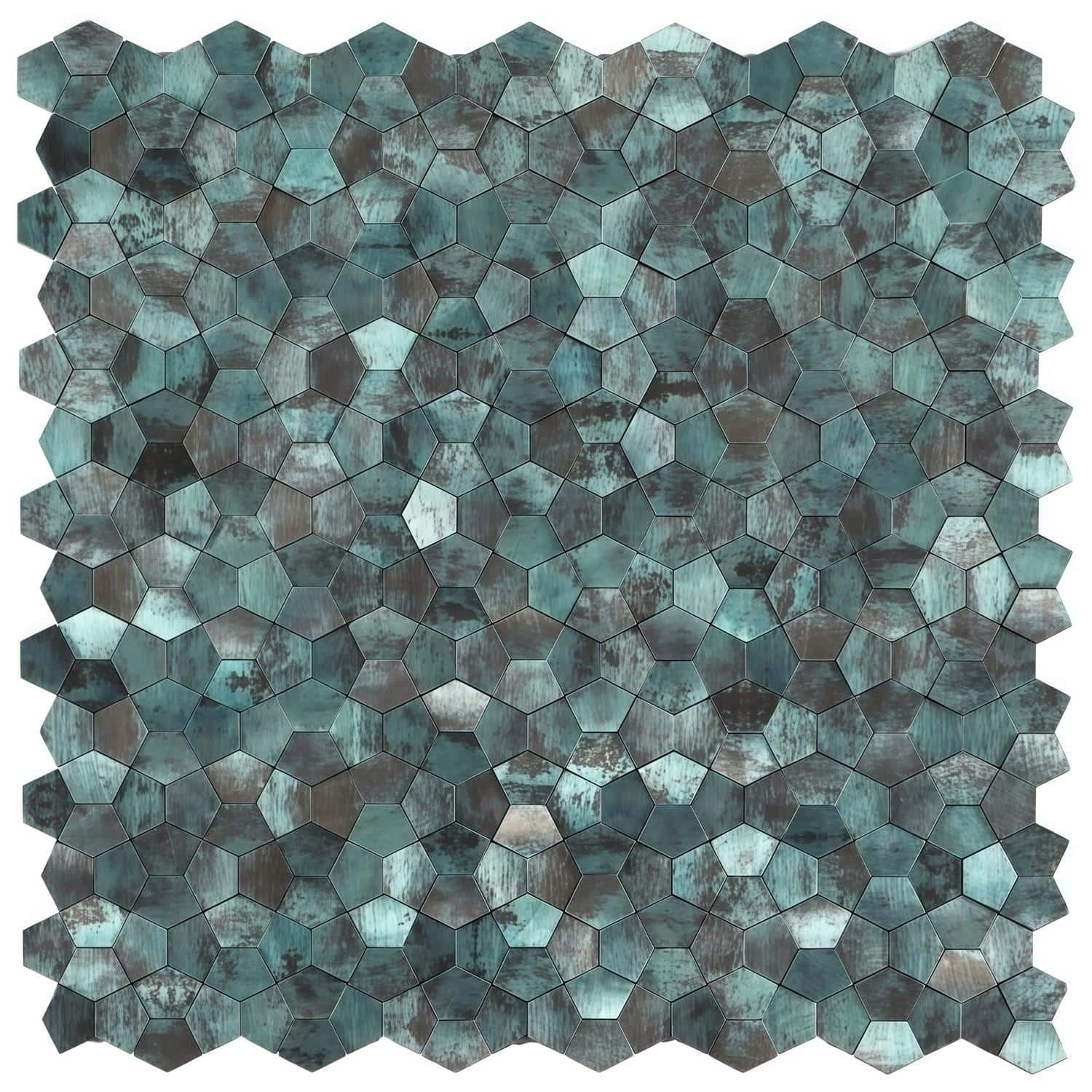 Hexagon peel and stick tile with a textured, weathered look in shades of blue and gray. Perfect for backsplashes and accent w.