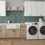 Modern laundry room with peel and stick wall tiles, washer, dryer, and cabinetry for easy home updates.