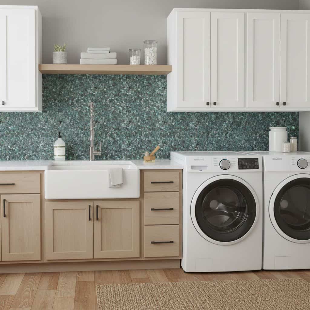 Modern laundry room with peel and stick wall tiles, washer, dryer, and cabinetry for easy home updates.