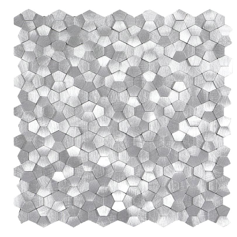 Silver peel and stick hexagon wall tile for easy home decor updates.
