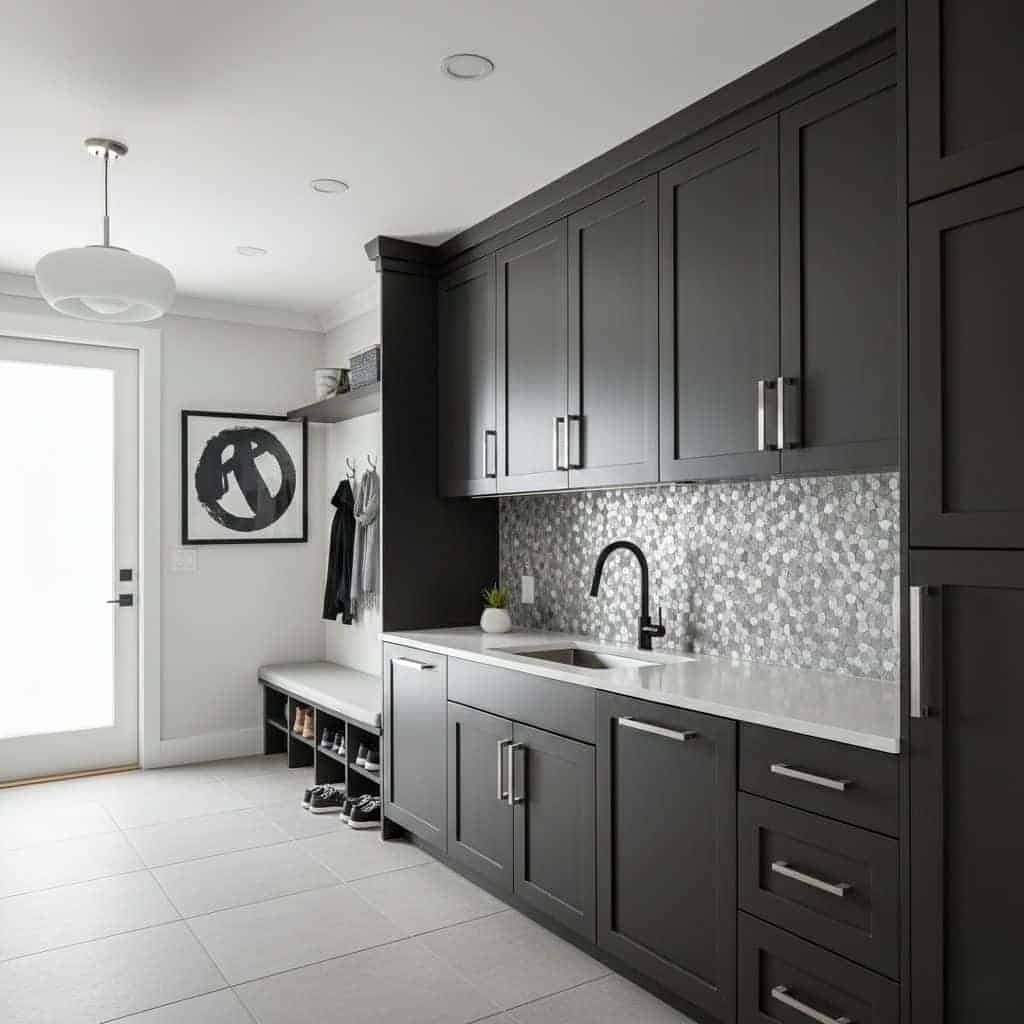 Modern kitchen with dark cabinetry and peel and stick tile backsplash for easy renovation.