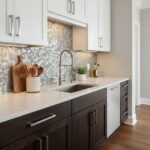 Peel and stick wall tile backsplash in a modern kitchen with white upper cabinets and dark lower cabinets.