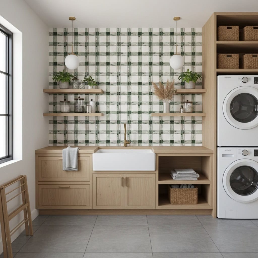 Green and white checkered patterned ceramic tile with a glossy finish, used as a backsplash in a laundry room.