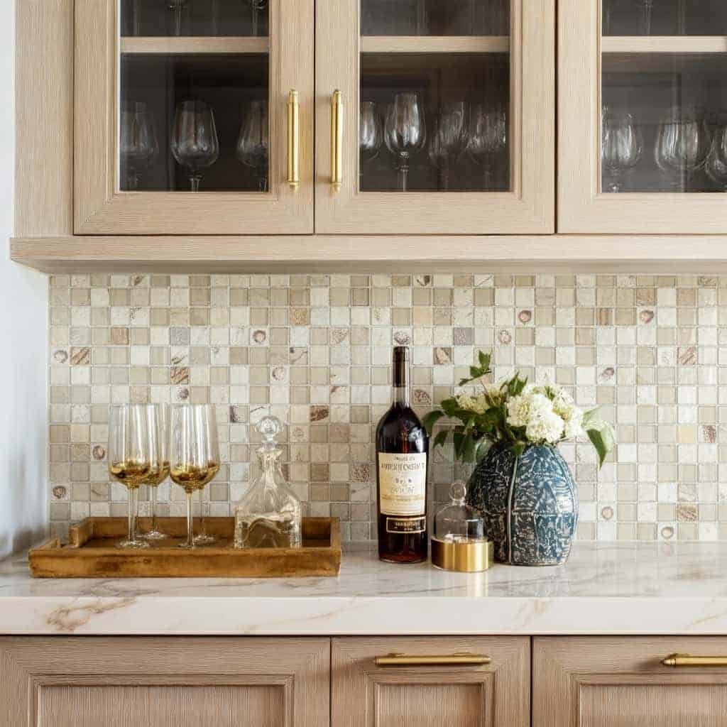 Beautiful glass tile backsplash with mosaic design in a modern kitchen setting.