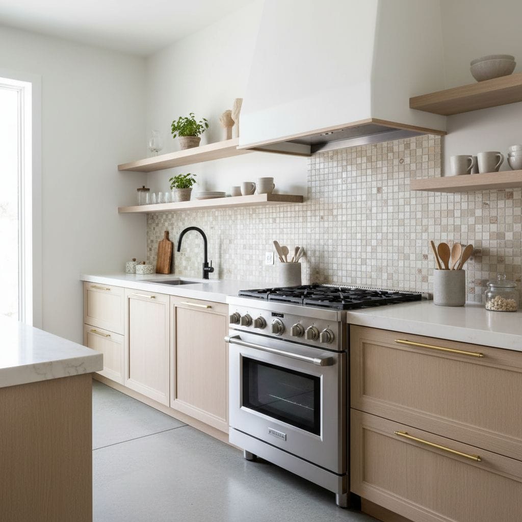 Bright kitchen featuring a glass tile backsplash and minimalist decor.