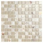 Beautiful glass mosaic tile with seashell accents for backsplash or pool decoration.