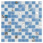 Colorful glass mosaic tile with various patterns and textures in shades of blue and silver.