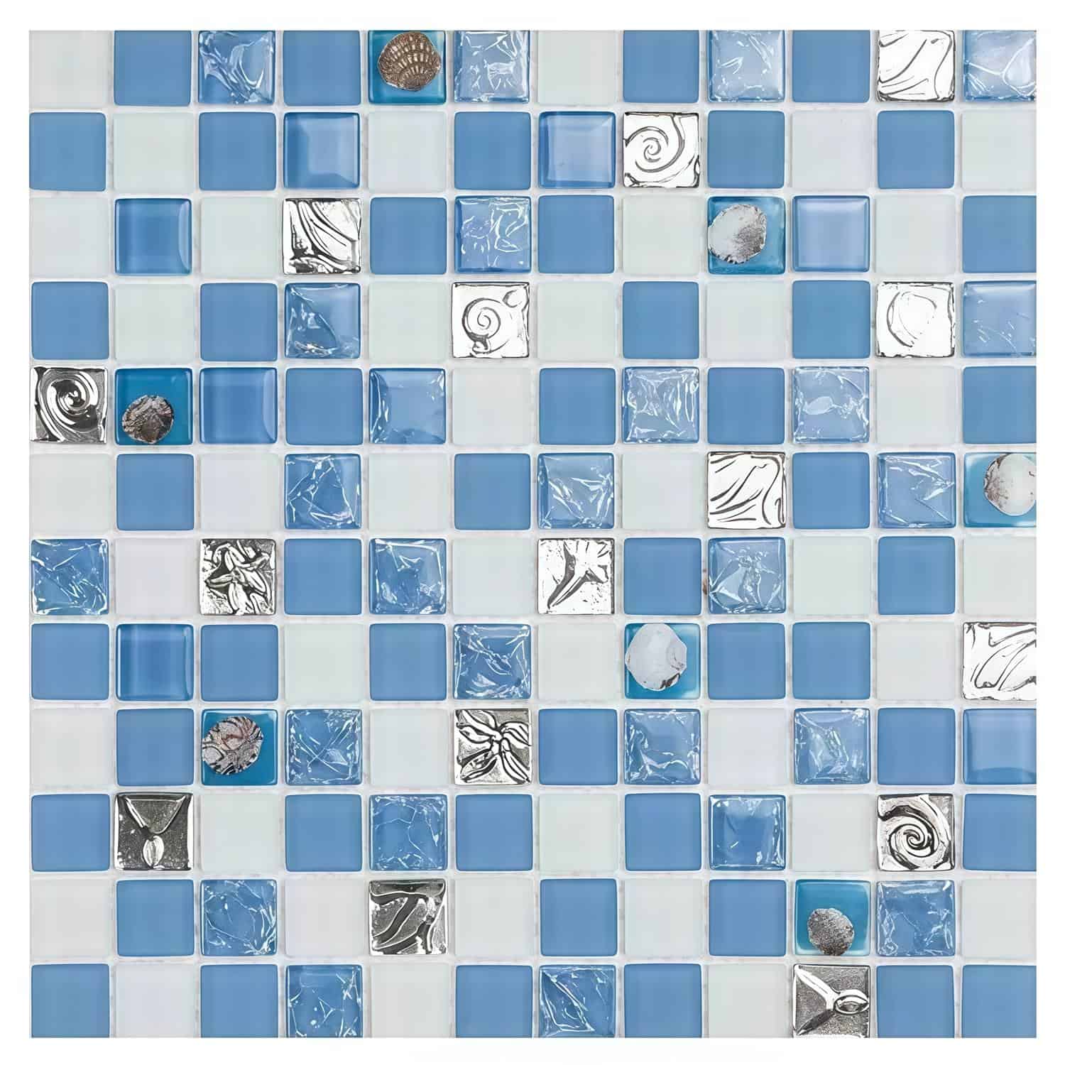 Colorful glass mosaic tile with various patterns and textures in shades of blue and silver.