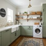 Bright laundry room featuring green cabinetry and a glass tile backsplash for a charming farmhouse look.