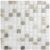Close-up of glass mosaic tile backsplash with neutral tones and marble accents.
