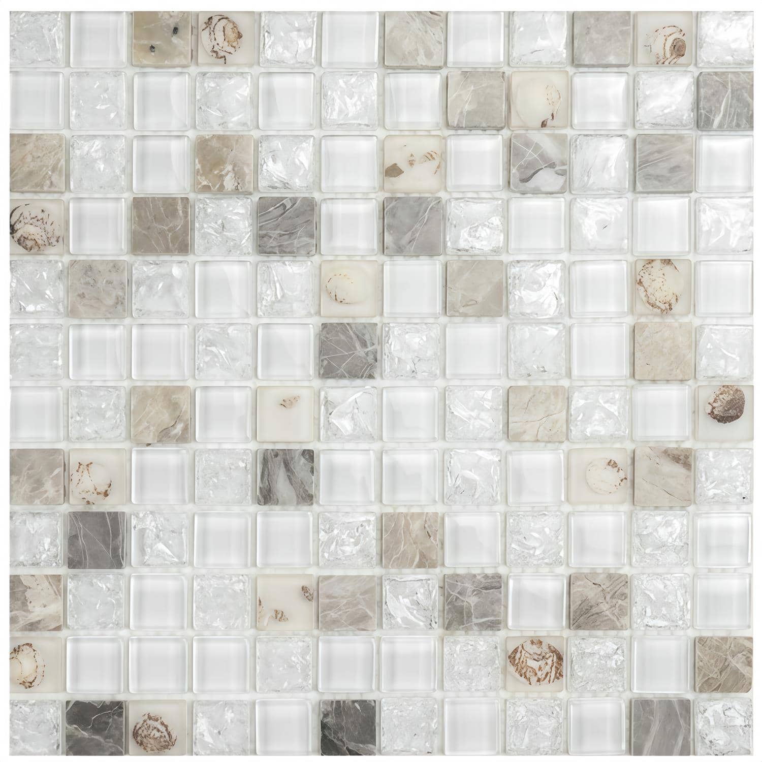 Close-up of glass mosaic tile backsplash with neutral tones and marble accents.