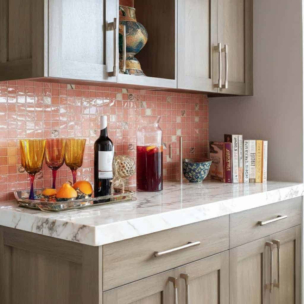 Glass tile backsplash with pink mosaic tiles behind a marble countertop in a contemporary kitchen.