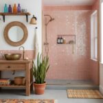Elegant pink glass mosaic tile shower with modern fixtures and natural decor accents.