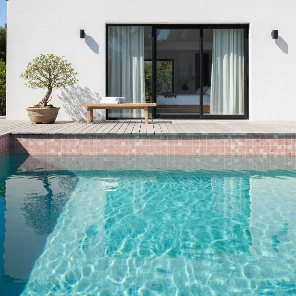 Poolside glass mosaic tile backsplash for modern outdoor living.