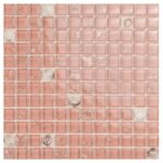 Pink glass tile mosaic with shell accents, ideal for kitchen backsplashes and swimming pools.