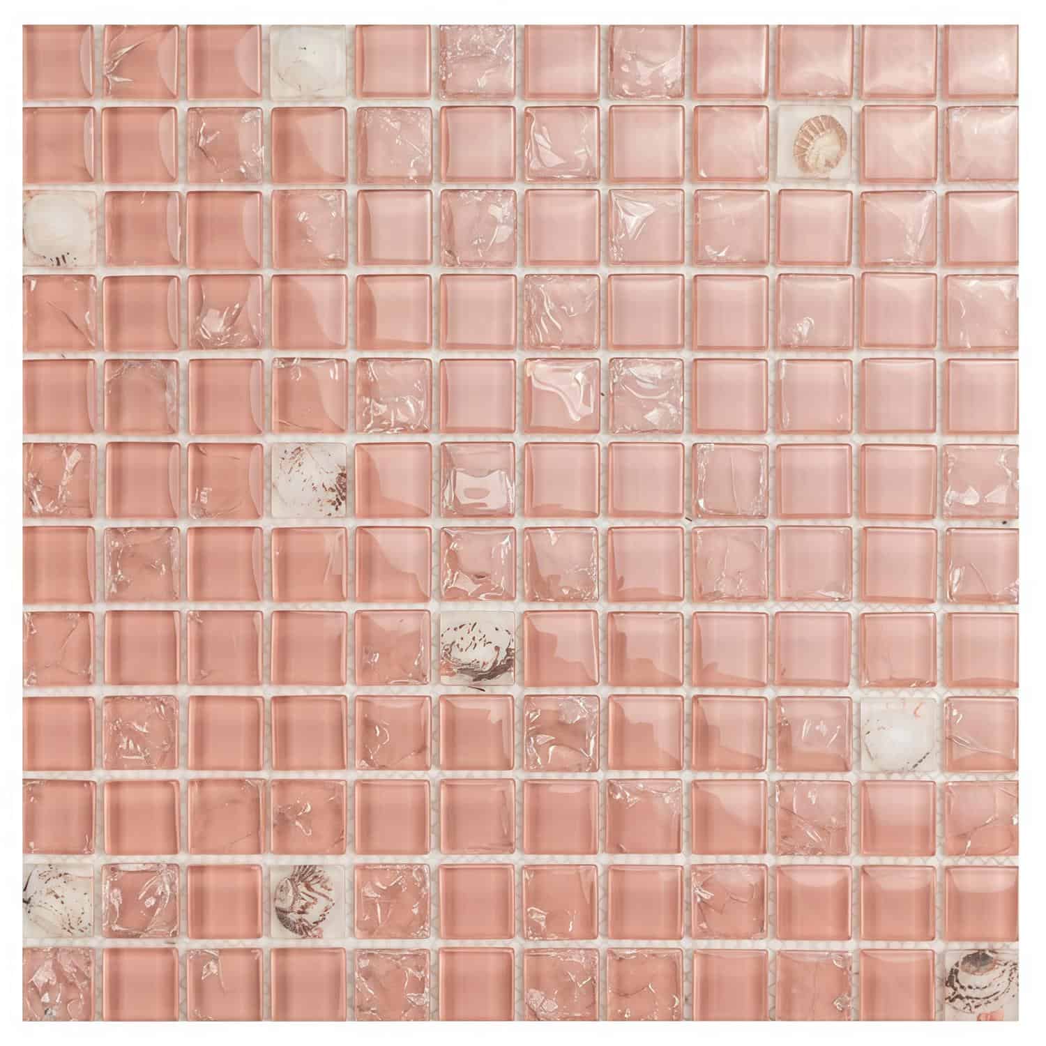 Pink glass tile mosaic with shell accents, ideal for kitchen backsplashes and swimming pools.