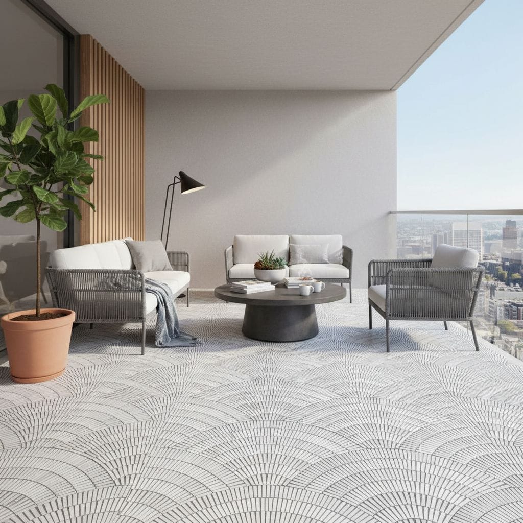 Outdoor balcony with light gray textured tiles, modern seating, and city view.