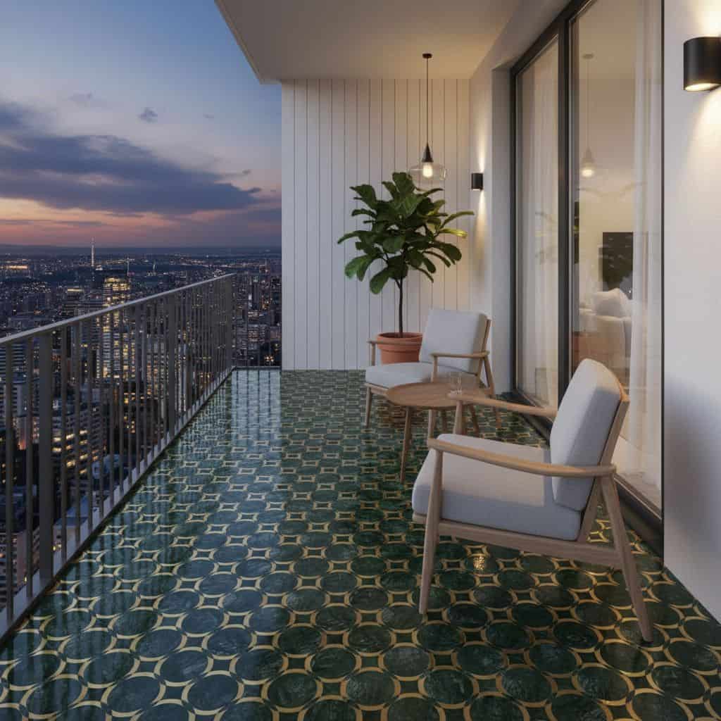 Balcony featuring green and gold patterned tiles, modern design with comfortable chairs, potted plant, and city skyline view.