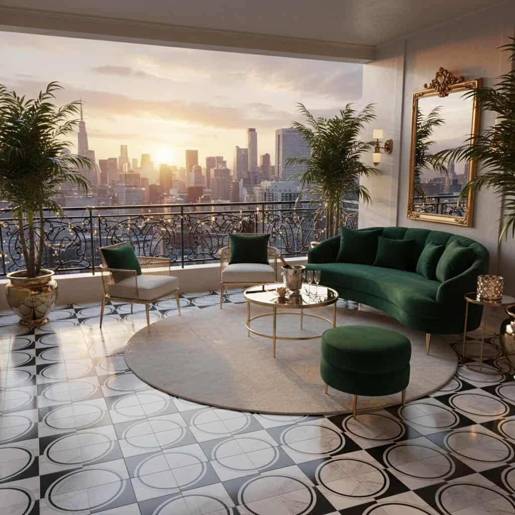 Elegant living room with green velvet sofa, patterned floor tiles, and city skyline view at sunset.