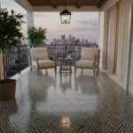 Geometric patterned tile in black and white, textured surface, suitable for outdoor balcony decor.