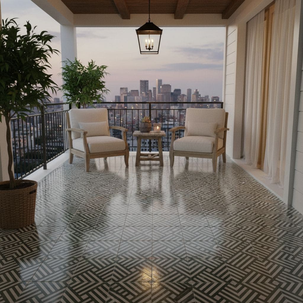 Geometric patterned tile in black and white, textured surface, suitable for outdoor balcony decor.