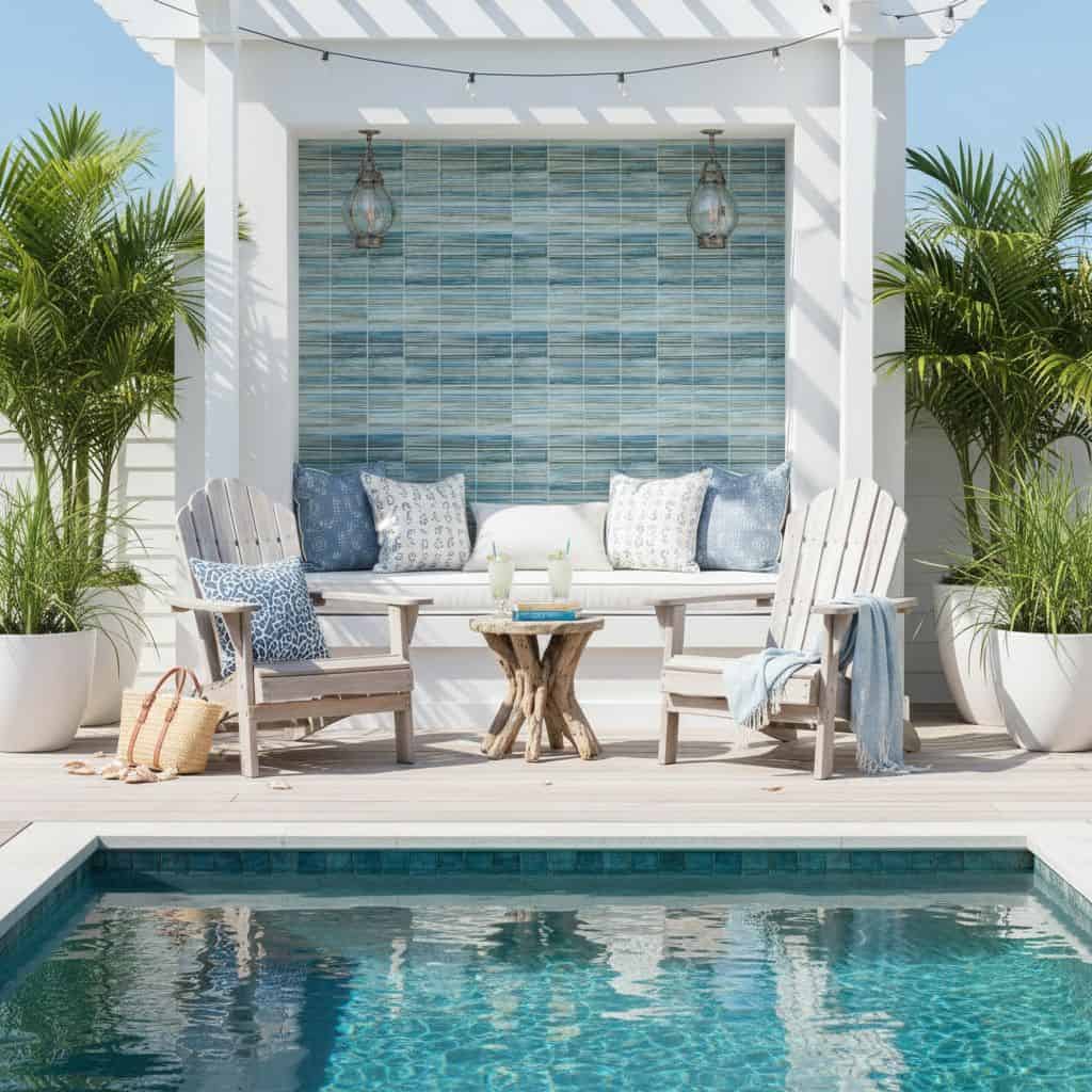 Outdoor poolside lounge with blue glass mosaic tile backsplash and relaxing seating area.