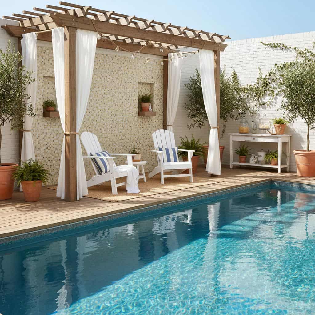 Aluminum pergola with white curtains and glass mosaic tile backsplash near poolside seating area.