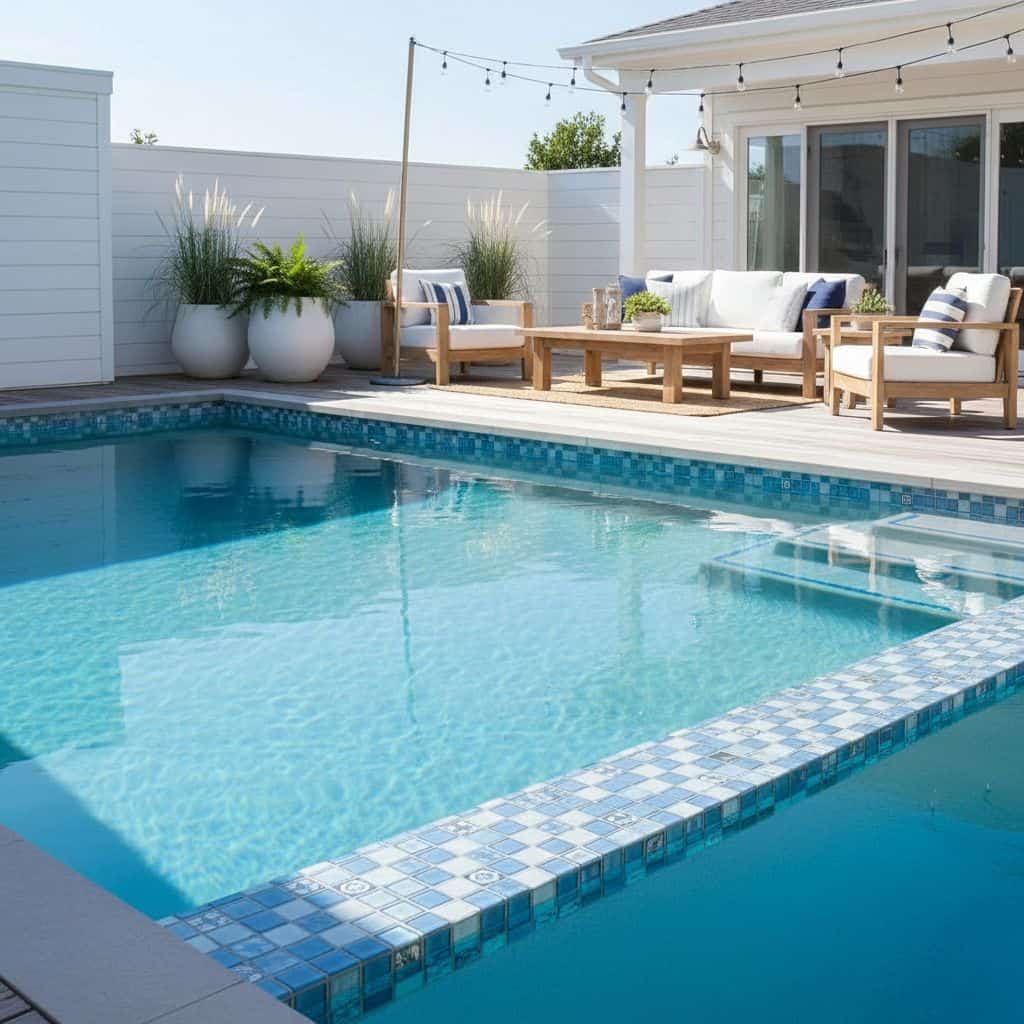 Poolside glass mosaic tile for a stylish backyard retreat, featuring a clear blue pool with a decorative glass tile border an.