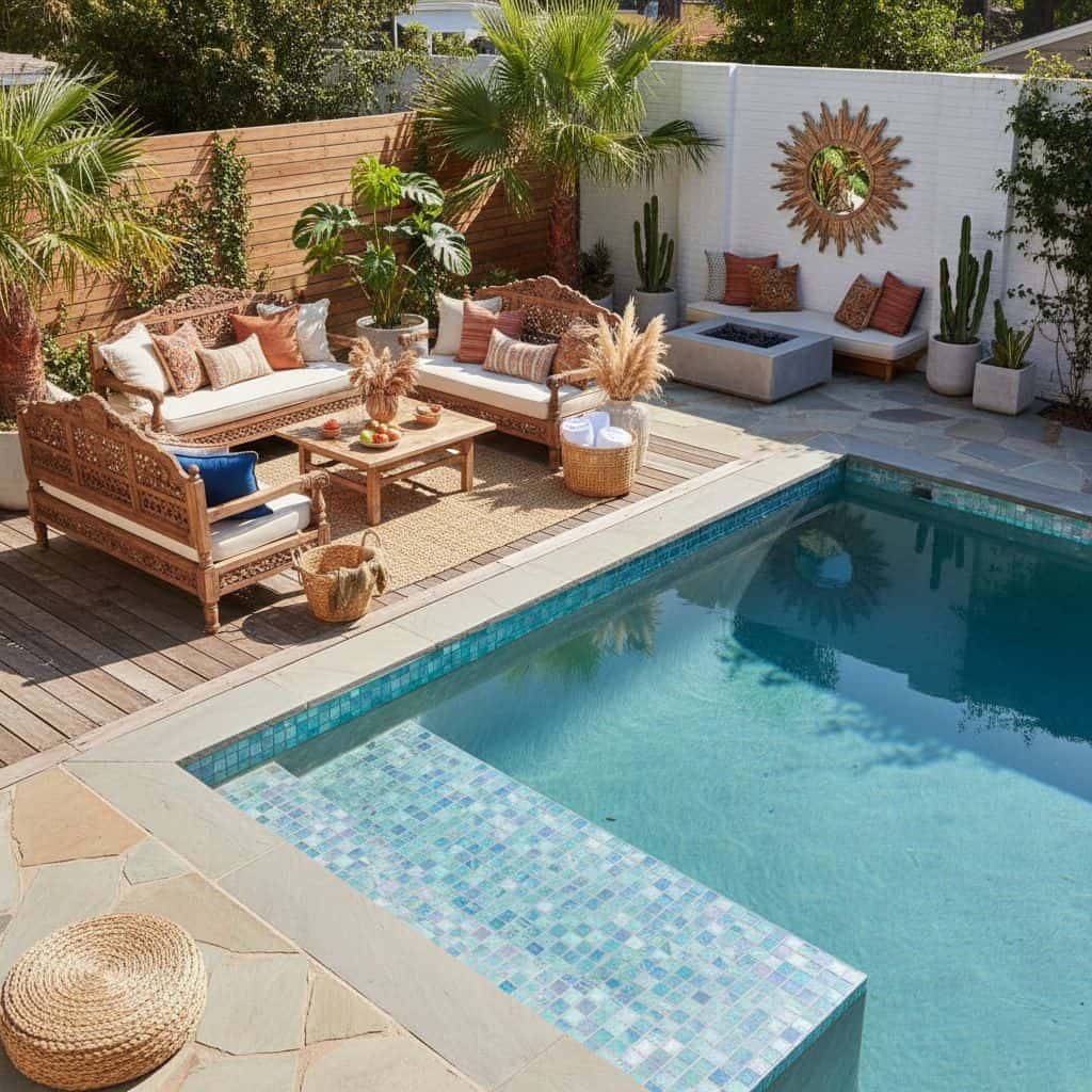Outdoor pool area featuring glass tile backsplash and stylish seating with plants.