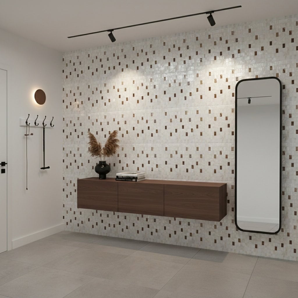 Elegant shell tile wall with mother of pearl accents and a sleek mirror. Perfect for adding a luxurious touch to modern inter.