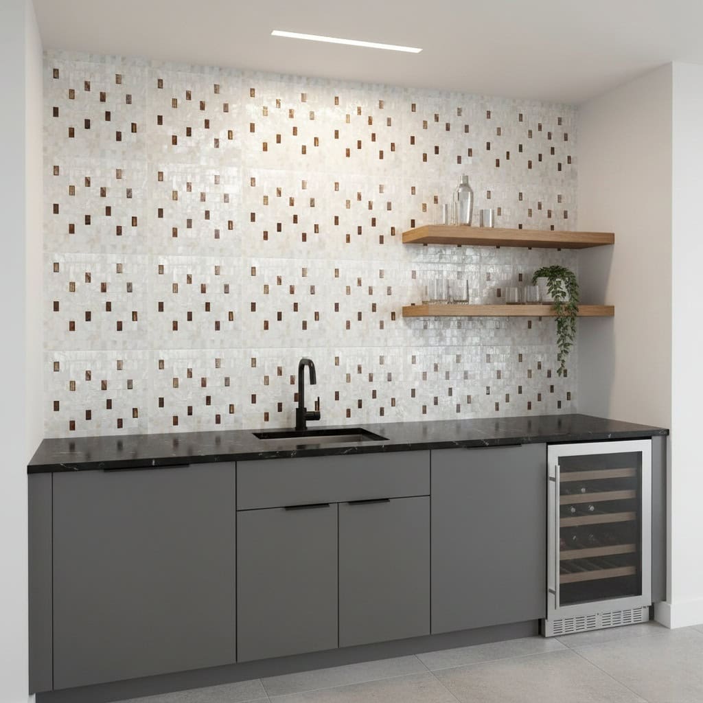 Mother of pearl shell tile backsplash with a modern kitchen design, featuring a black countertop, gray cabinets, and floating.