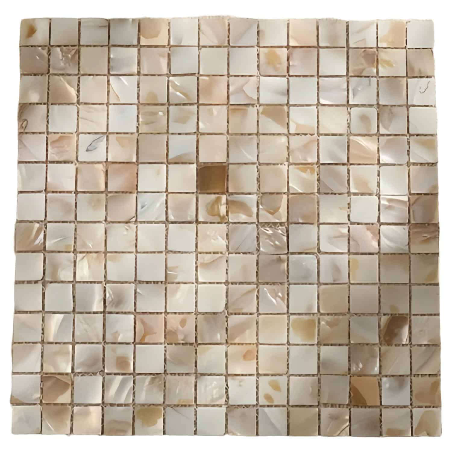 Close-up of a mosaic of mother of pearl shell tiles with iridescent and natural tones.