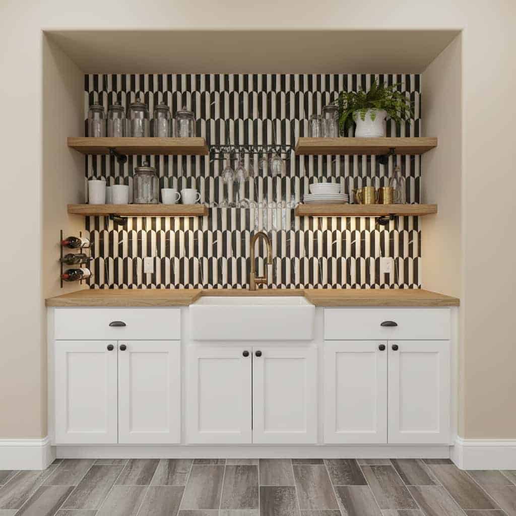 pantry wall scalloped black white gold inlay peel stick mosaic tile