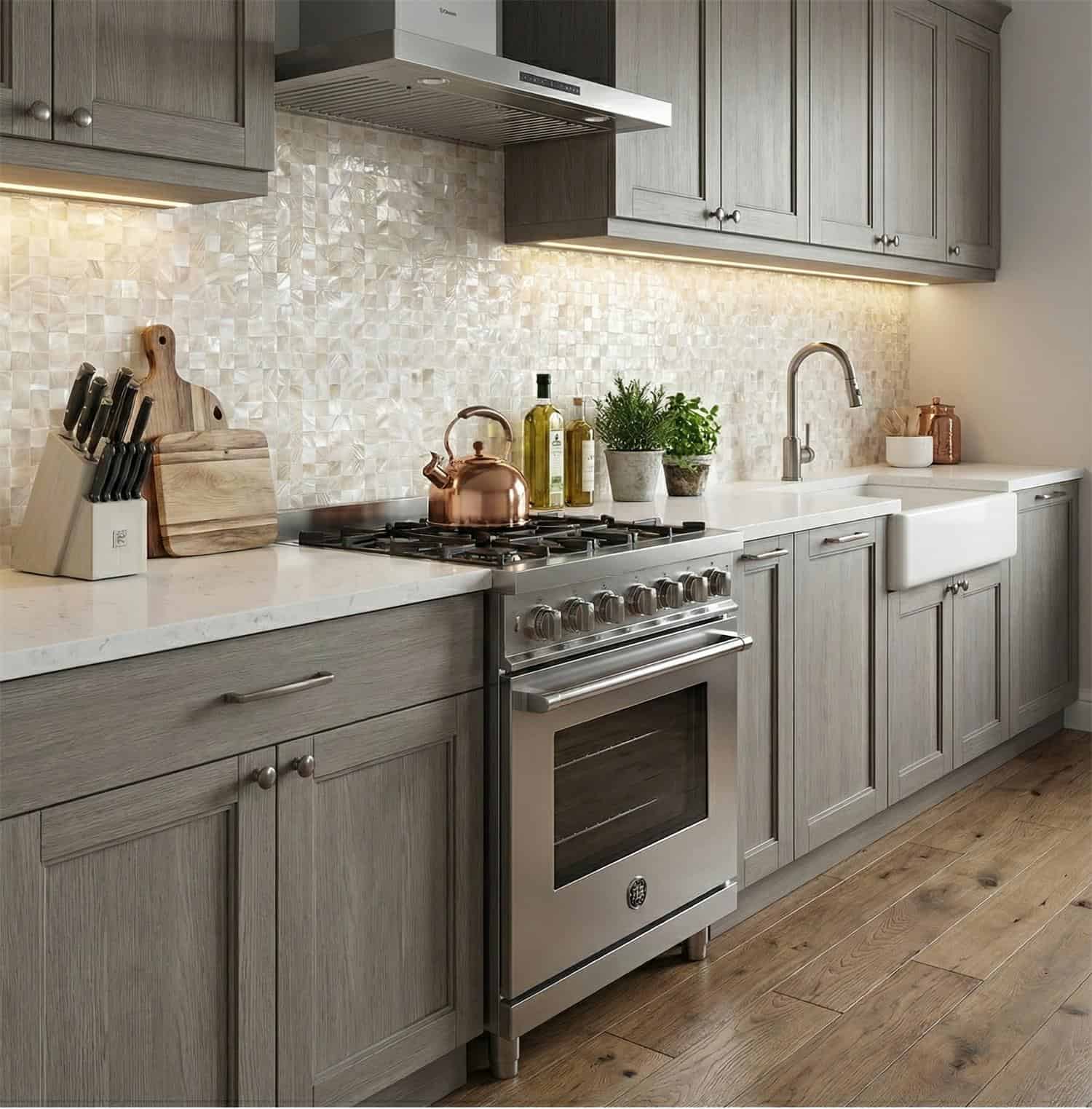 Modern kitchen with light gray cabinetry and a pearl shell tile backsplash behind the stove and sink.
