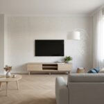Mother of pearl shell tile wall decor in a modern living room setting.