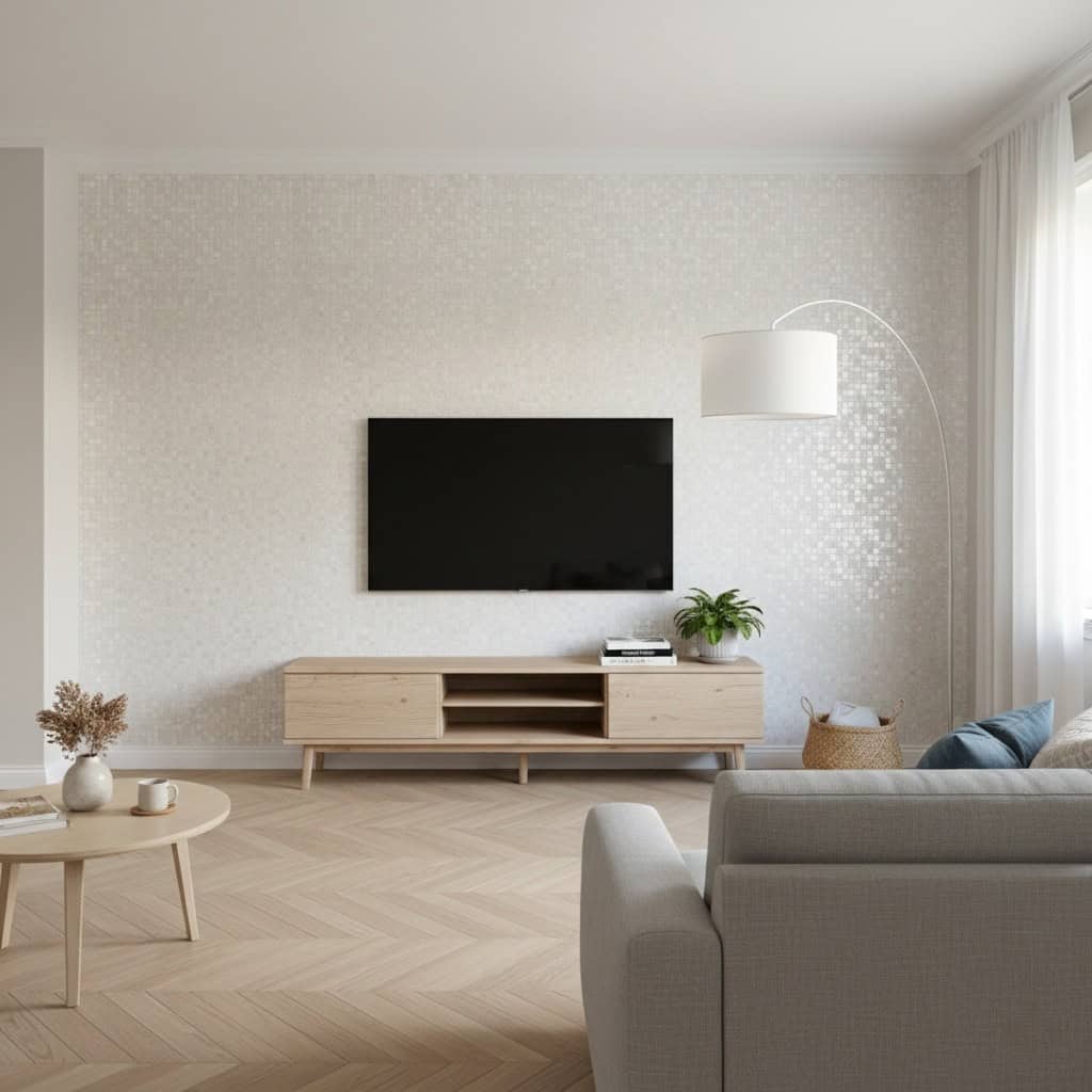 Mother of pearl shell tile wall decor in a modern living room setting.