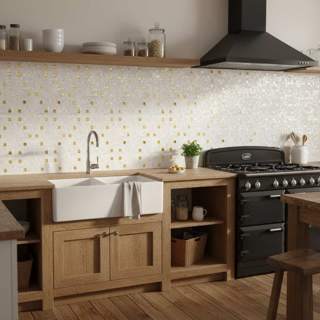 Mother of pearl shell tile used as a decorative kitchen backsplash with a modern, natural look.