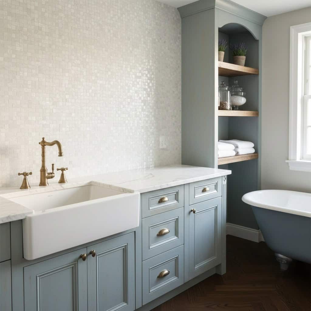 Elegant bathroom with mother of pearl shell tile backsplash and vintage-style fixtures.