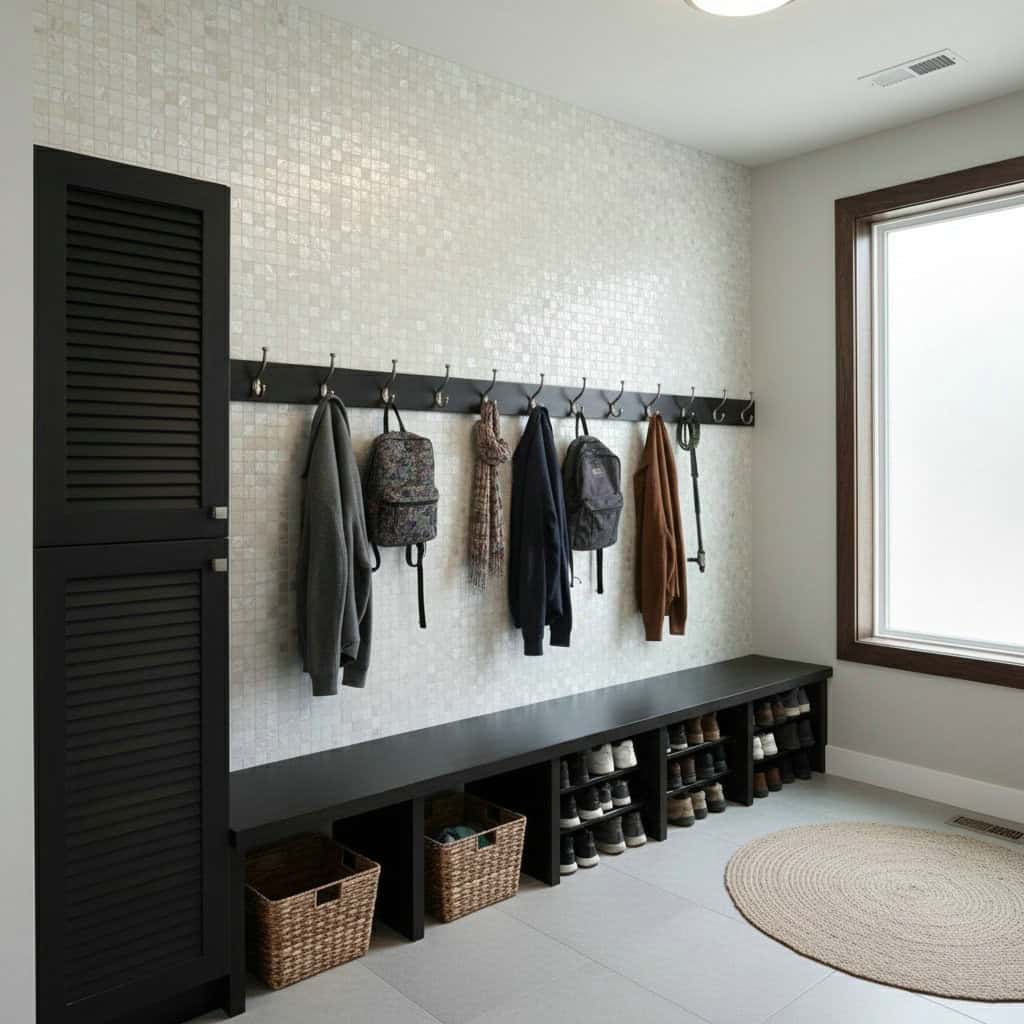 A modern entryway with a shell tile accent wall, hooks for coats, and a black storage bench with baskets, featuring seashell-.