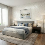Elegant bedroom with mother of pearl shell tile accent wall behind the bed.