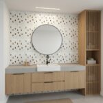 Bathroom with mother of pearl shell tile accent wall and modern vanity.