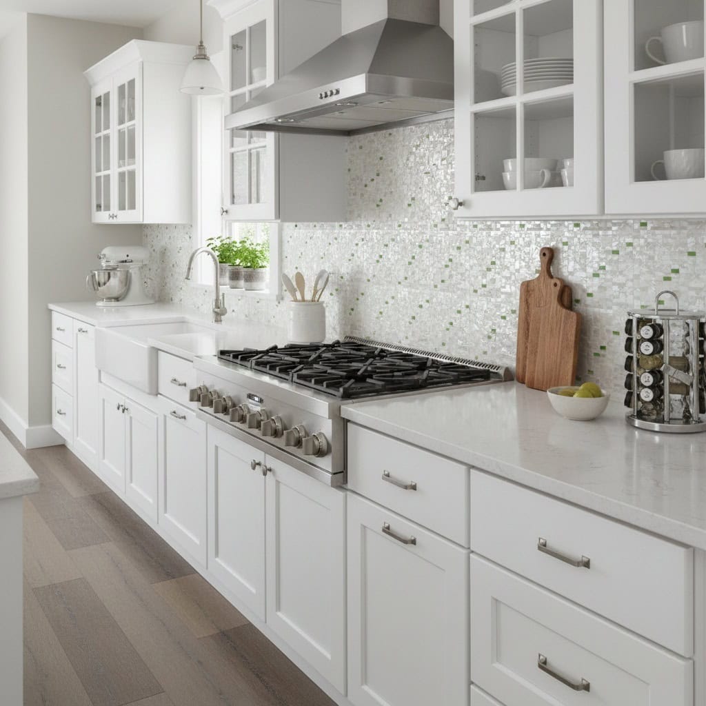 A modern kitchen featuring a stunning mother of pearl shell tile backsplash with white cabinetry and stainless steel applianc.
