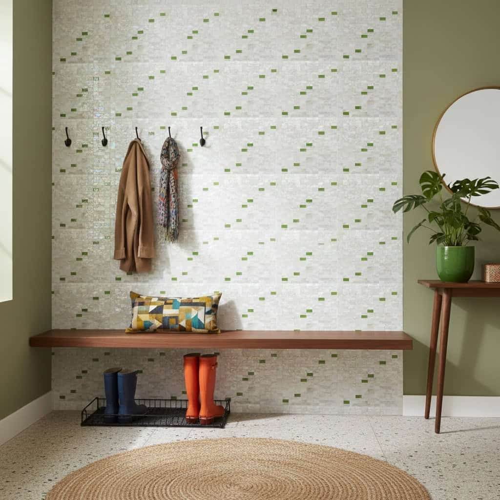Decorative shell tile wall with mother of pearl accents and green mosaic details.
