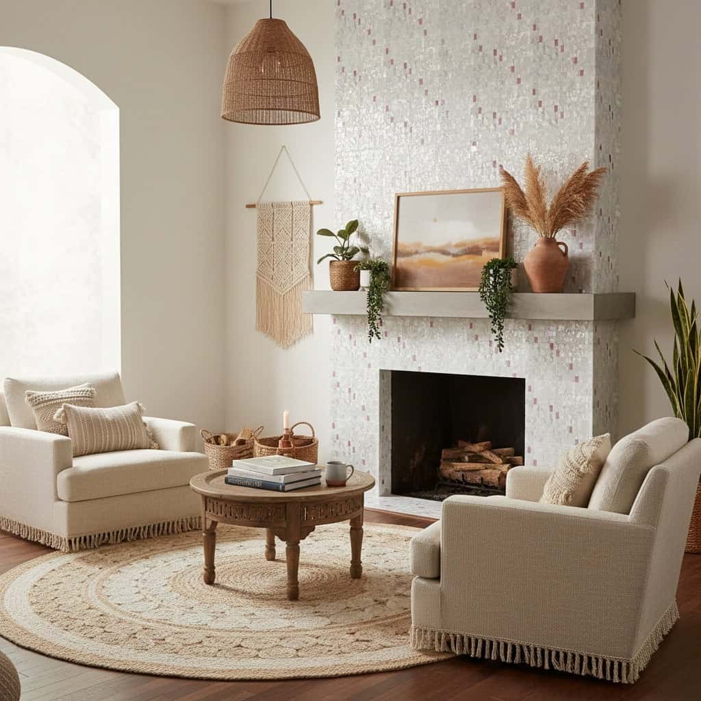 Elegant living room with shell tile fireplace mantel and coastal-inspired decor.